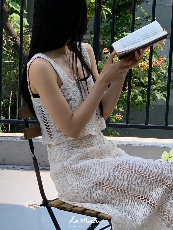 渡假風手工蕾絲感排釦短版背心